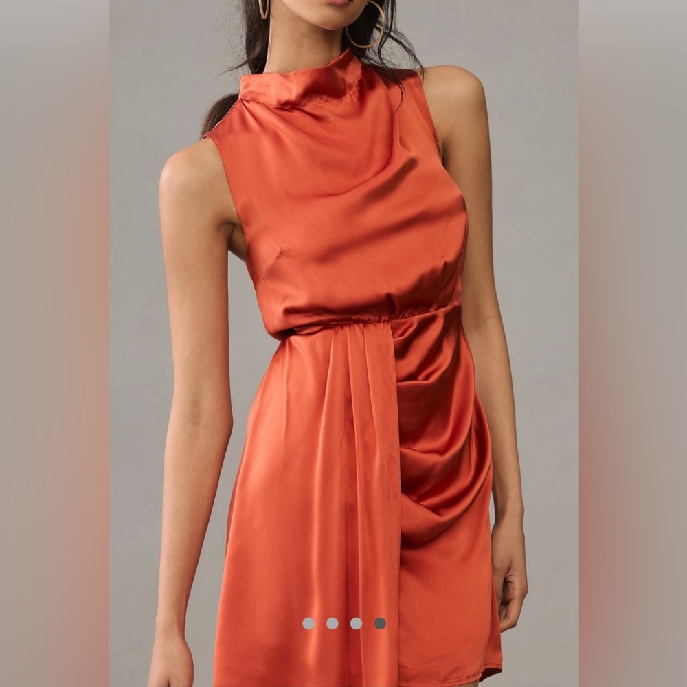 Mock neck draped silk dress by Anthropologie Orange baked paprika - Picture 2 of 8